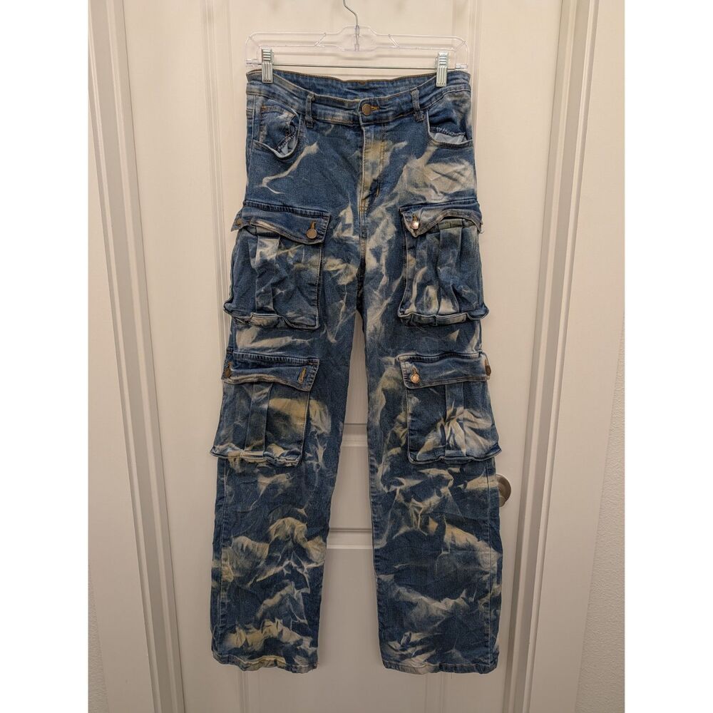 Daisy Bleach Wash Acid Wash Cargo Pants Womens Medium Multi-Pocket Utility Jeans